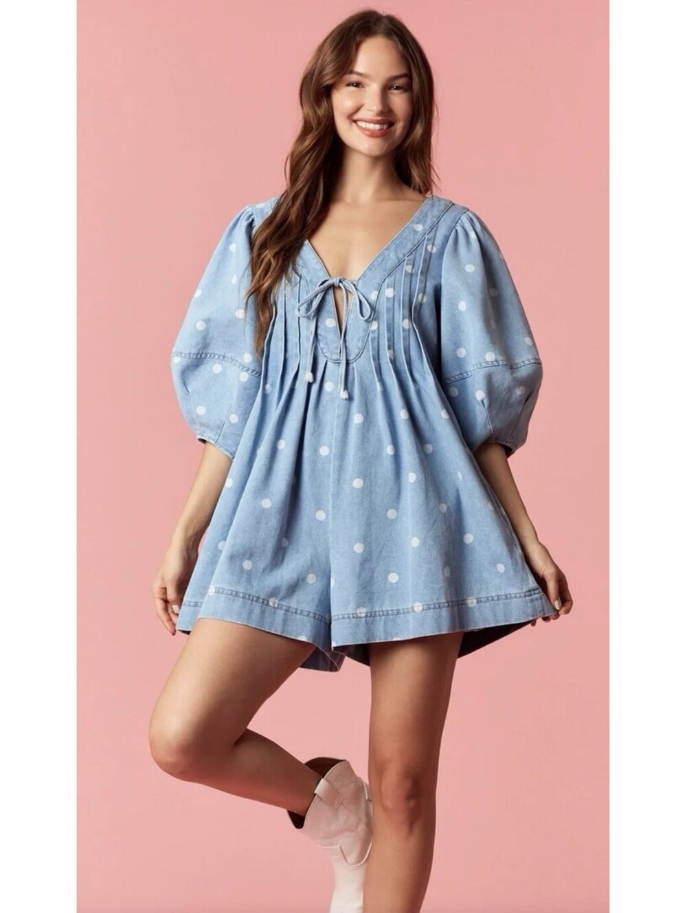 Peach Love California Blue Skies Polka Dot Romper L Denim Puff Sleeve NWOT